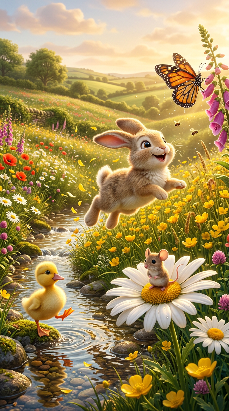 Meadow with bunny and duckling